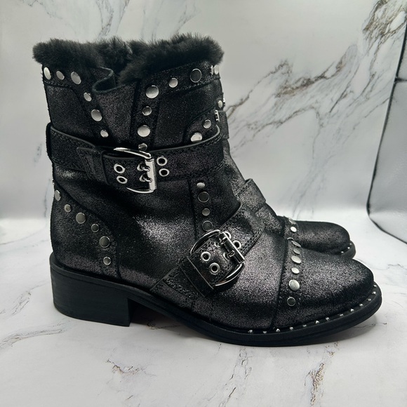 Sam Edelman Drea Studded Boots Size 8 Women’s Black Shiny Furry Sparkly Booties - Picture 4 of 9